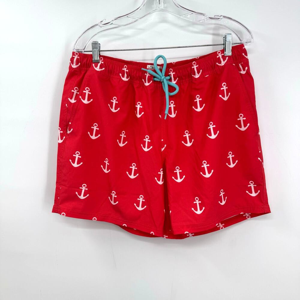 J. Crew Factory Flex Swim Trunks Shorts Mens L Pink Anchor Lined Pockets 6" Prep